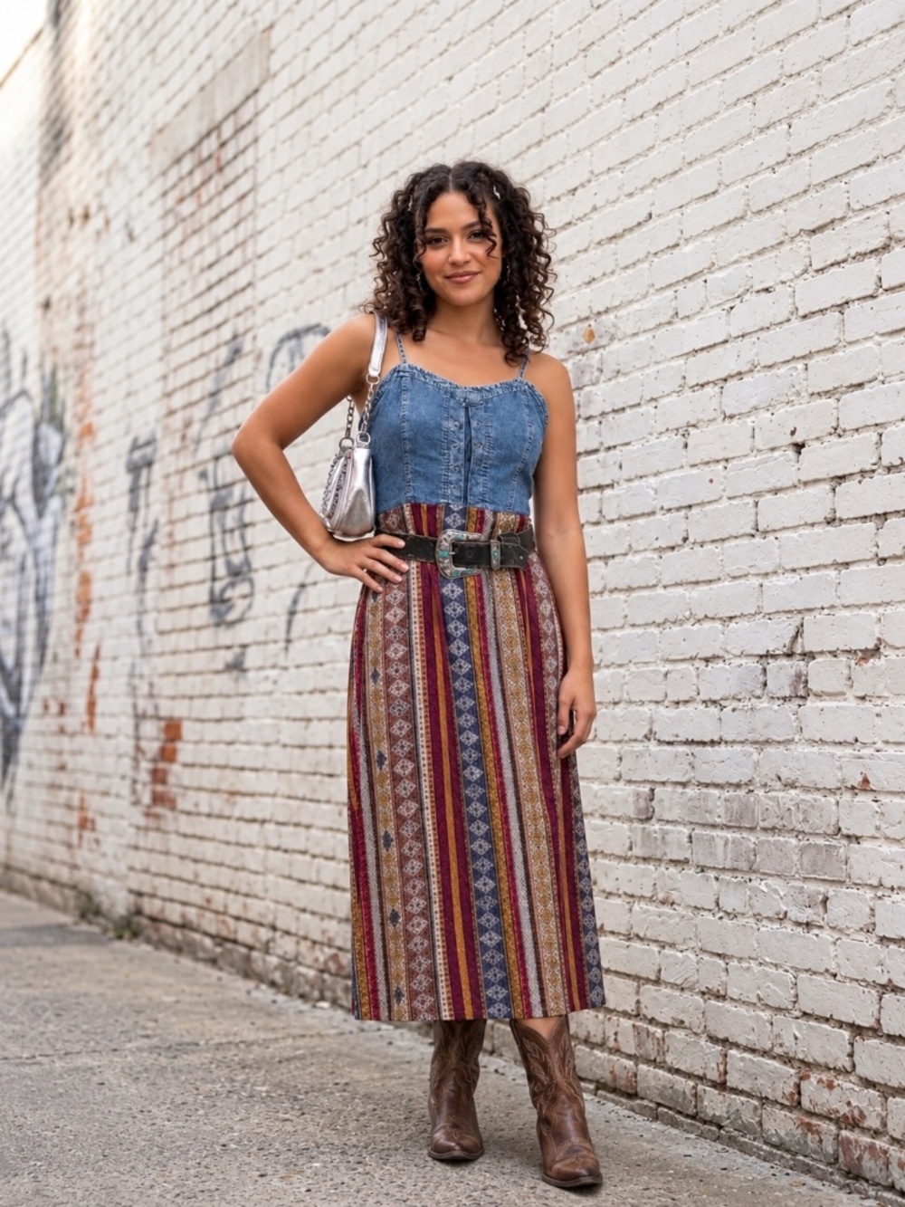 Y2K Multi Stripe Denim Maxi Dress Bohemian Tribal Print Lace Up Bodice